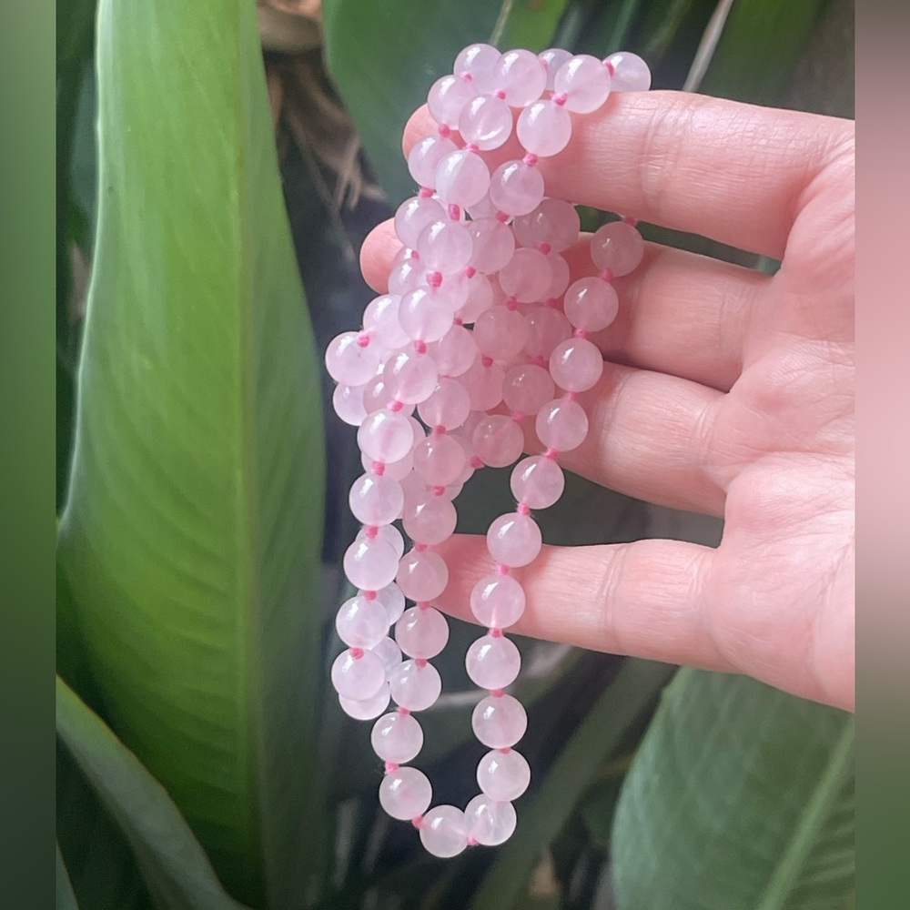 Long genuine rose quartz bead necklace